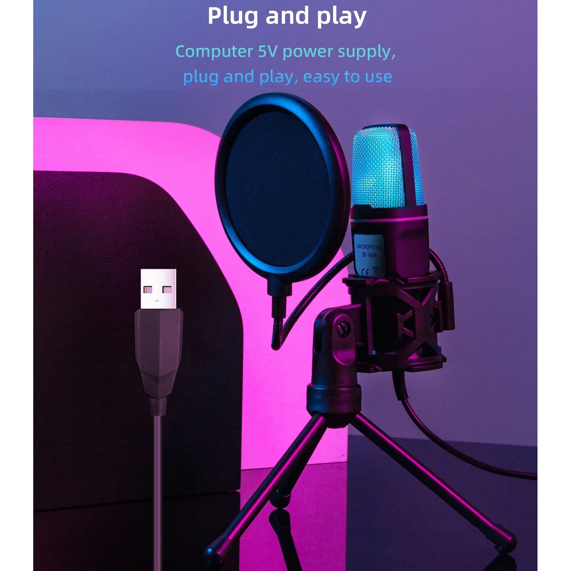 Blue mesh gaming condenser microphone with black pop filter and tripod stand for computer professional gaming and live streaming podcast