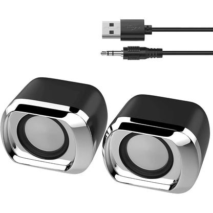 Black and chrome usb-powered desktop speaker with sleek design, volume control, and 3.5 mm audio plug for laptops