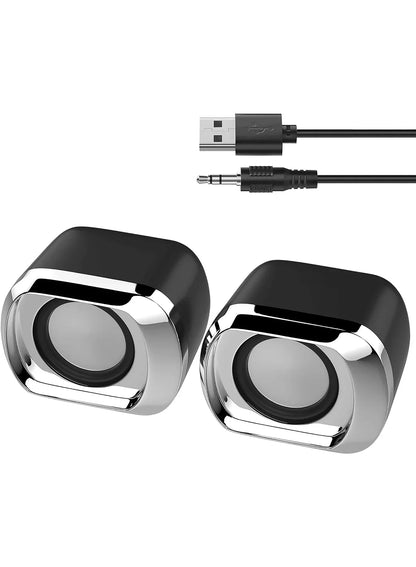 Black and chrome usb-powered desktop speaker with sleek compact design volume control and 3.5 mm audio plug