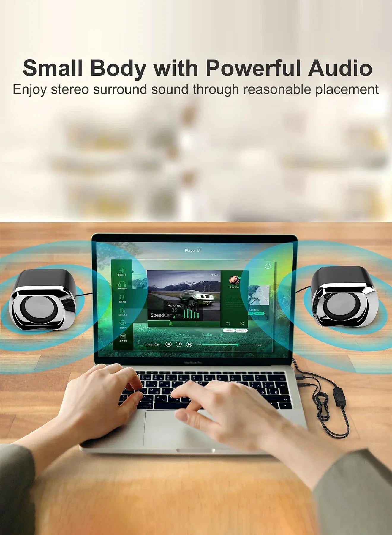 Black and silver usb-powered desktop speaker with compact design volume control and 3.5 mm audio plug for laptops