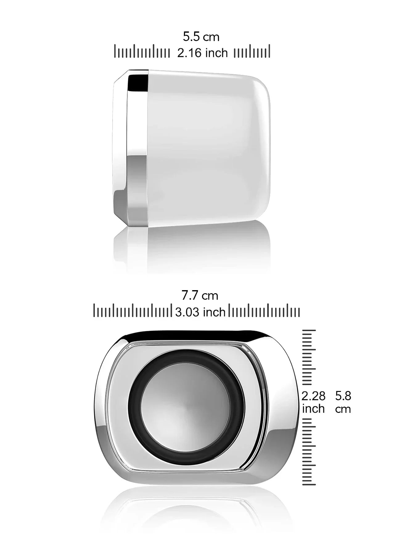 Chrome-finished usb-powered desktop speaker with rounded edges and black circular audio plug for delicate laptop use