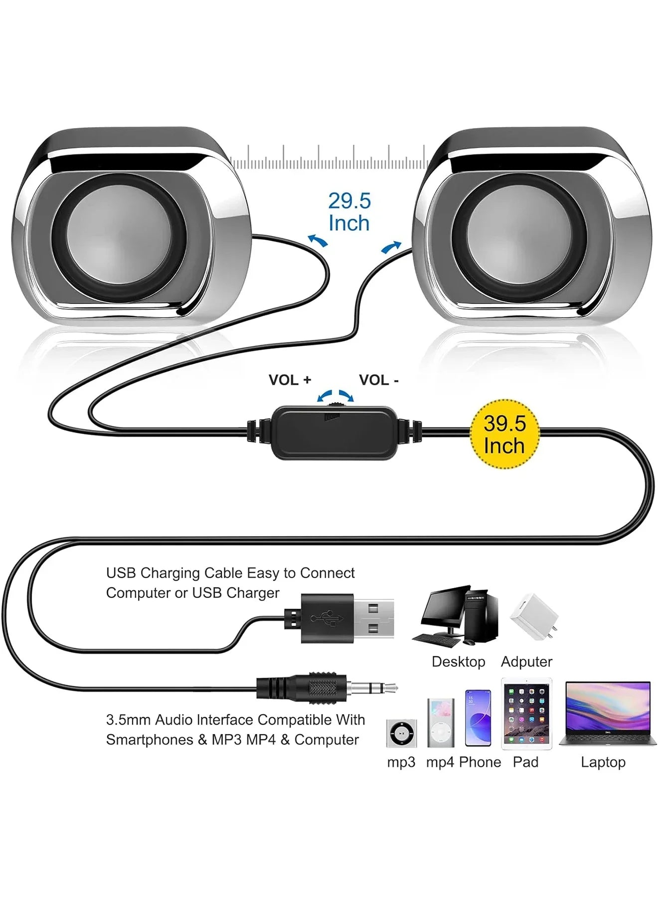 Silver chrome-finished usb-powered desktop speaker with black circular drivers and 3.5 mm audio plug for laptops