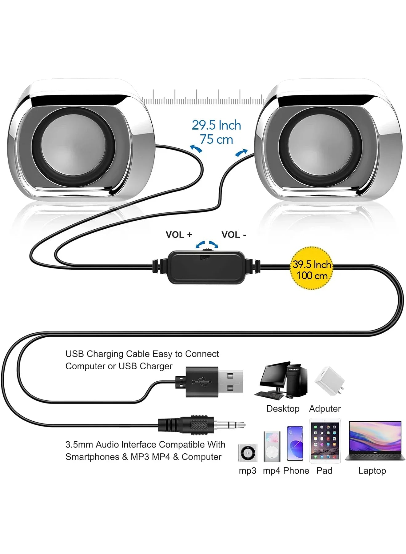 Silver chrome-finished usb-powered desktop speaker with black drivers and central volume control for delicate laptop use