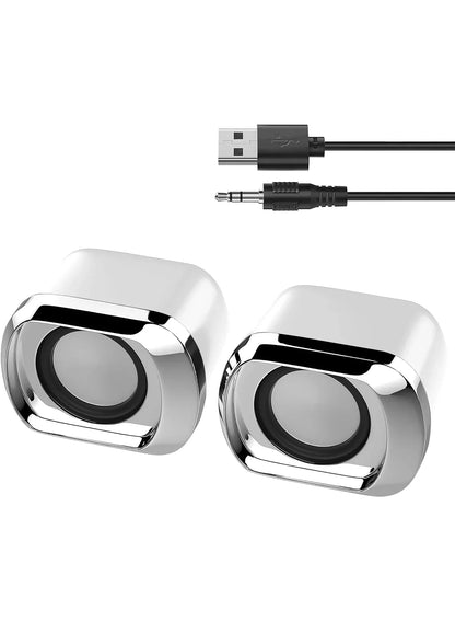 Pair of sleek silver usb-powered desktop speakers with black drivers and chrome trim for compact delicate laptop use