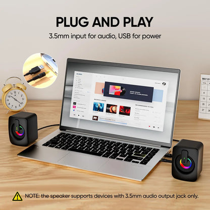 Black cube-shaped computer speakers with colorful rgb lighting aux home office pc speaker for macbook desktop notebook