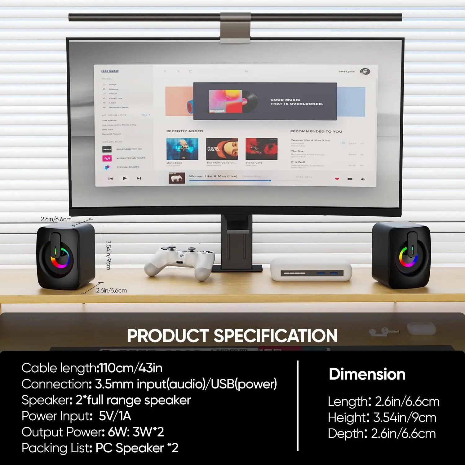 Black rectangular computer speaker with rgb lighting 3.5mm aux home office pc speaker for macbook desktop notebook