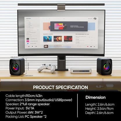 Black rectangular computer speaker with rgb lighting 3.5mm aux home office pc speaker for macbook desktop notebook