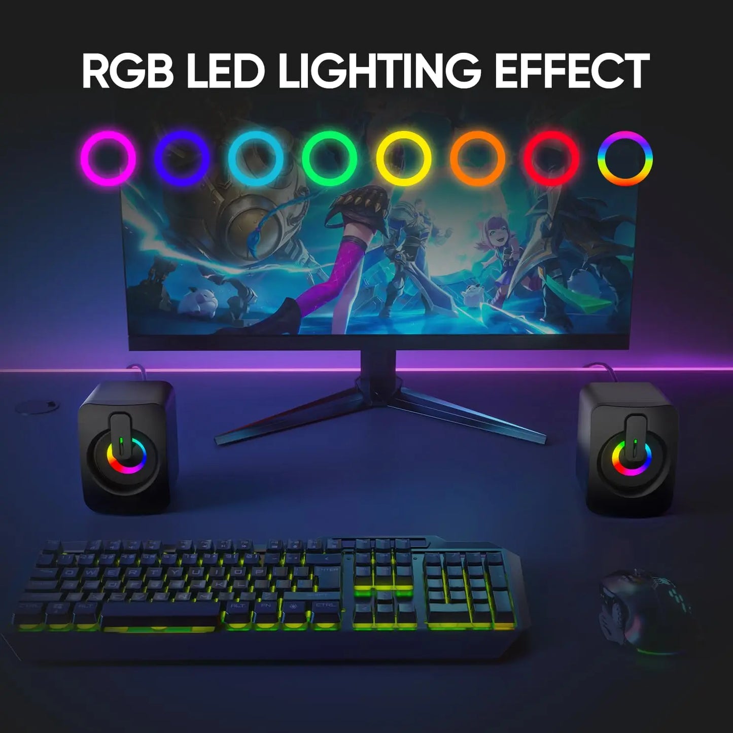 Black rgb led gaming keyboard with illuminated keys and sleek design paired with aux home office pc speaker for macbook desktop notebook