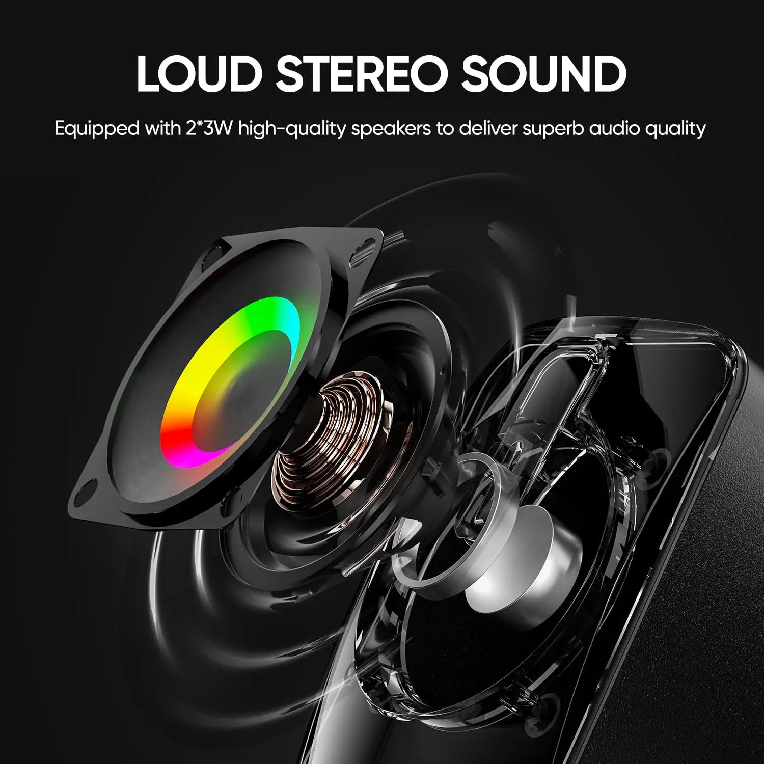 Black wireless computer speaker with vibrant rgb lighting and transparent design for aux home office and macbook desktop notebook