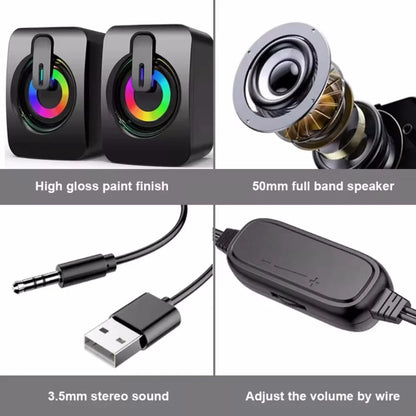 Black high gloss desktop computer speakers with 50mm full band drivers rgb led lights and usb wired connection hifi stereo