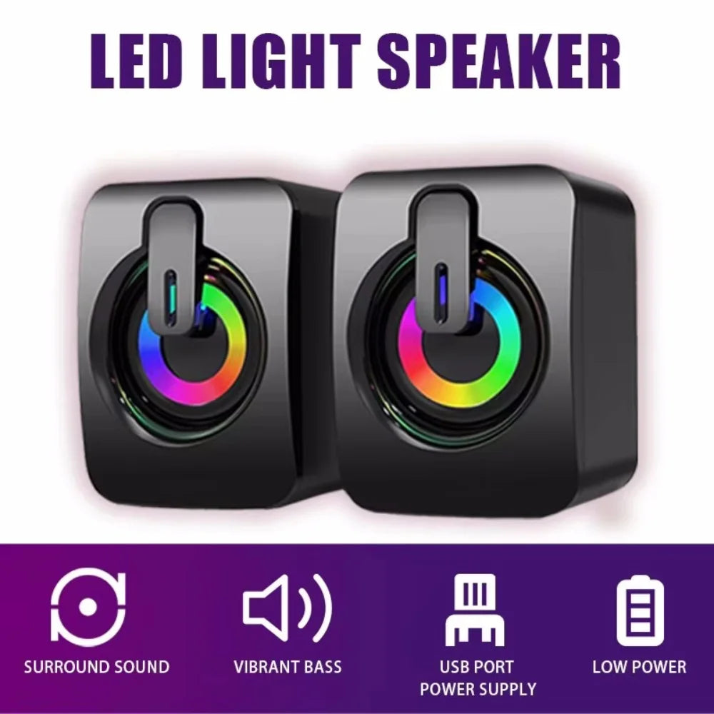 Black led light computer speaker with circular rainbow rgb illumination usb wired connection for desktop computer hifi stereo