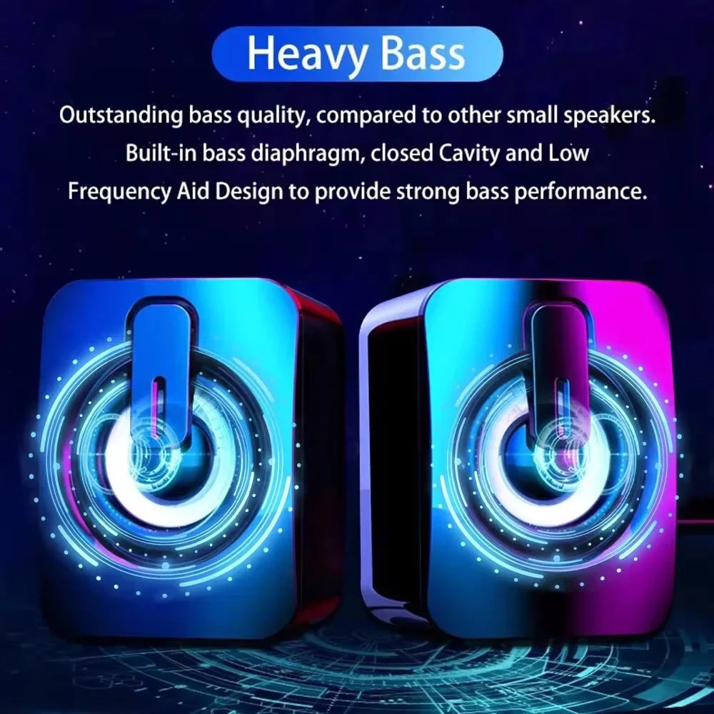 Blue and purple illuminated cube-shaped hifi stereo computer speakers with usb wired connection for desktop computer gaming