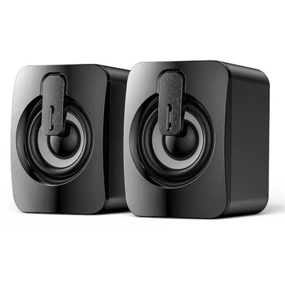 Black glossy finished desktop computer speakers with hifi stereo, usb wired connection, and integrated control panel