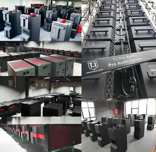 Black t.j. professional line array speaker system for concerts and live events with 750px height and decorate root features