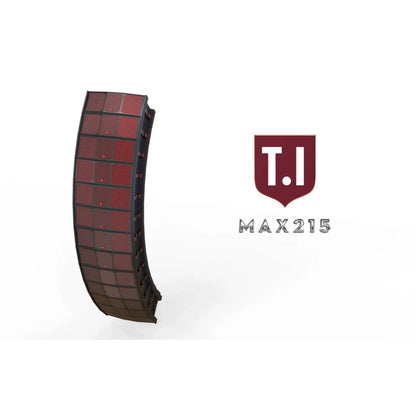 Curved modular led display panel with dark red illuminated surface and black frame for concerts music production live events