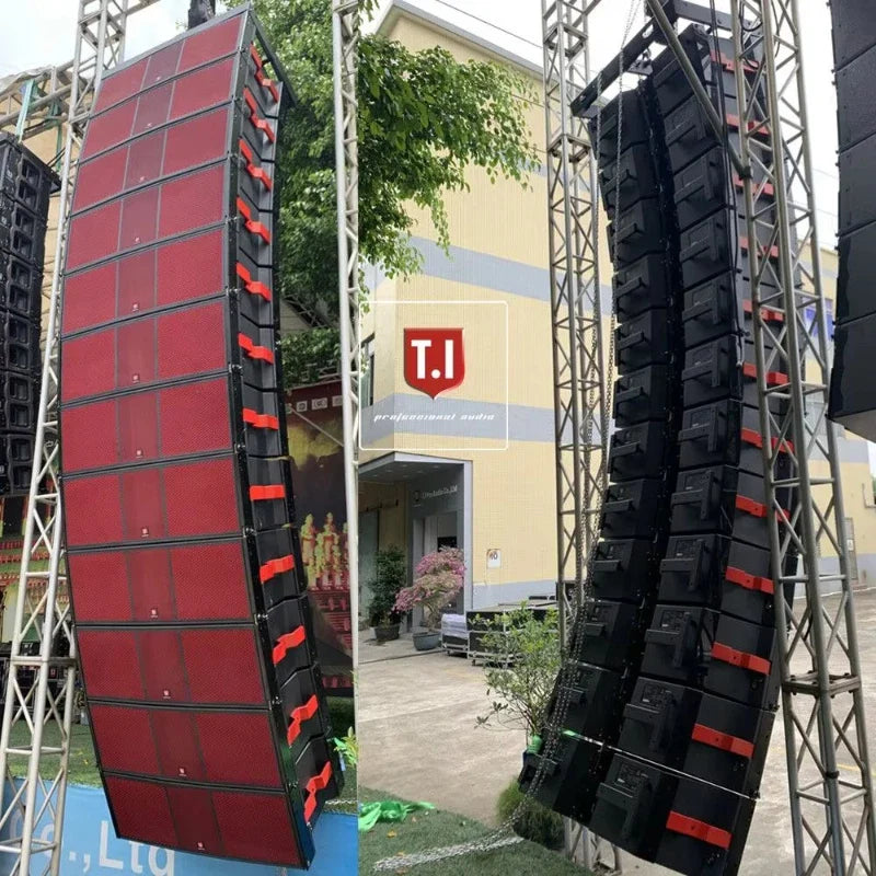 Red and black modular line array speakers mounted on metal trusses for concerts music production live events with 750px height