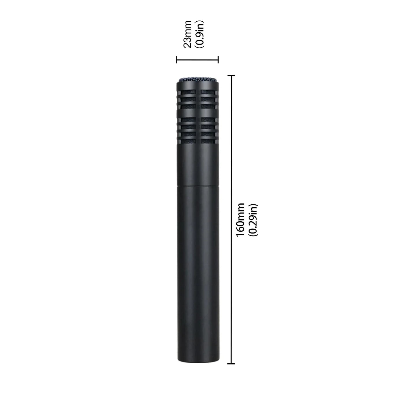Black cylindrical condenser mics with textured grille and clamp mount designed as overhead condenser for stage performance