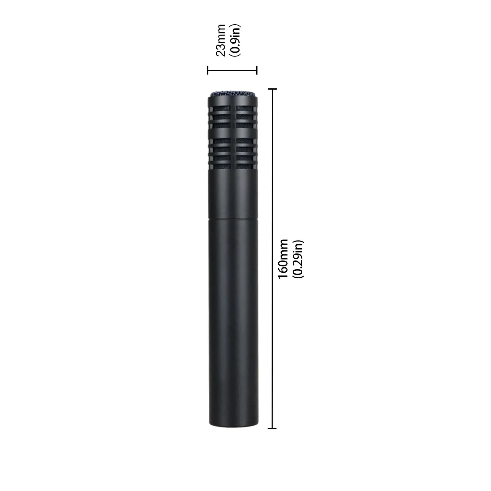 Black cylindrical condenser mics with textured grille and clamp mount designed as overhead condenser for stage performance