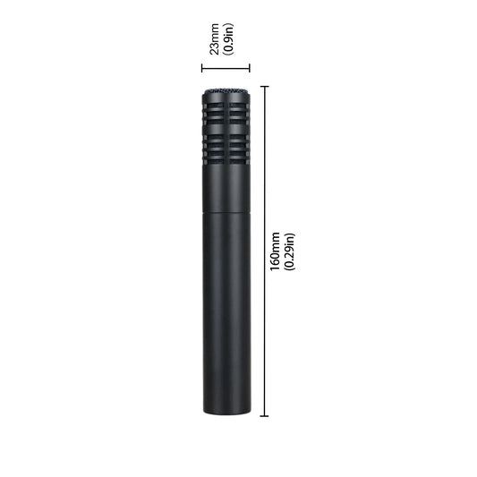 Black cylindrical condenser mics with textured grille and clamp mount designed as overhead condenser for stage performance