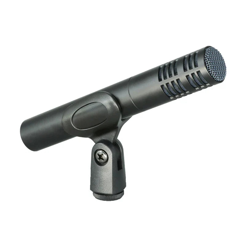 Black condenser mics with mesh grille ribbed body mounted on adjustable stand ideal for stage performance overhead condenser use