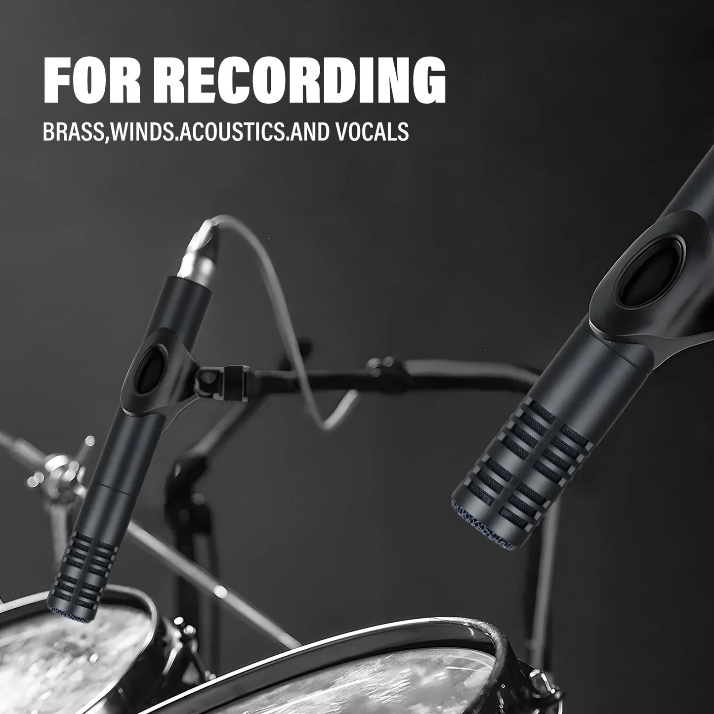 Black matte condenser mics with ribbed grilles and clamp mount for brass, winds, vocals in stage performance use