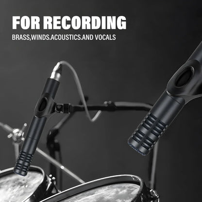 Black matte condenser mics with ribbed grilles and clamp mount for brass, winds, vocals in stage performance use