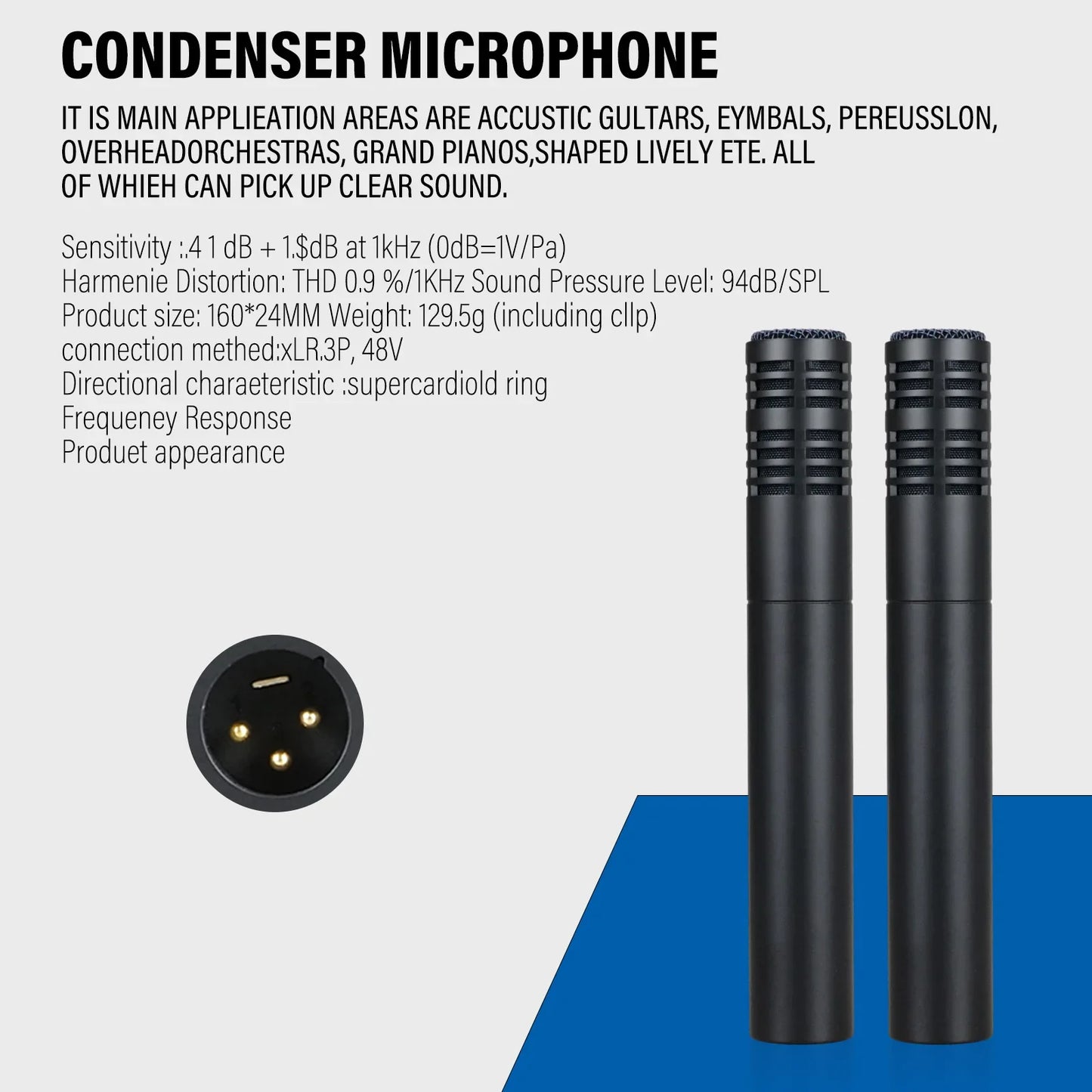 Black condenser mics with ribbed grille and clamp mount designed as cardioid overhead condenser for stage performance