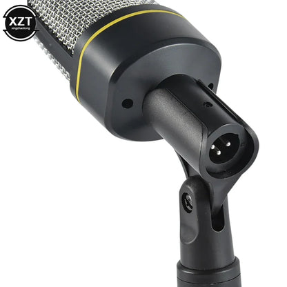 Black condenser microphone professional with metallic mesh grille yellow accent stripe wired studio capacitive with tripod stand sf920