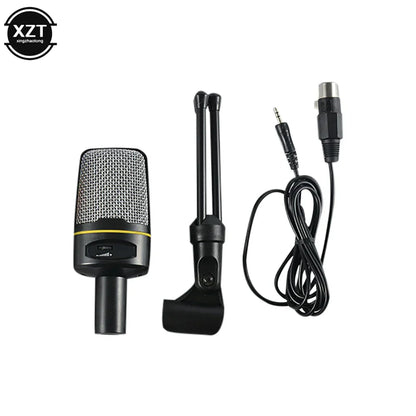 Black condenser microphone professional with silver mesh grille yellow accent band wired studio capacitive mic with tripod stand sf920