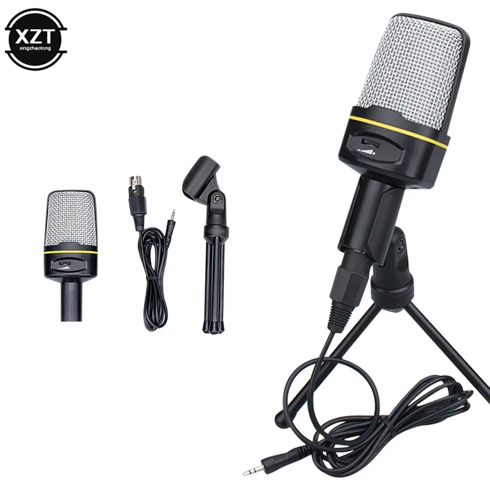 Black condenser microphone professional with silver mesh grille yellow accent band and tripod stand sf920 for recording use