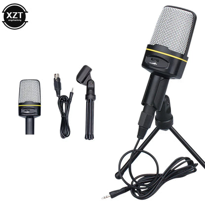 Black condenser microphone professional with silver mesh grille yellow accent band and tripod stand sf920 for recording use