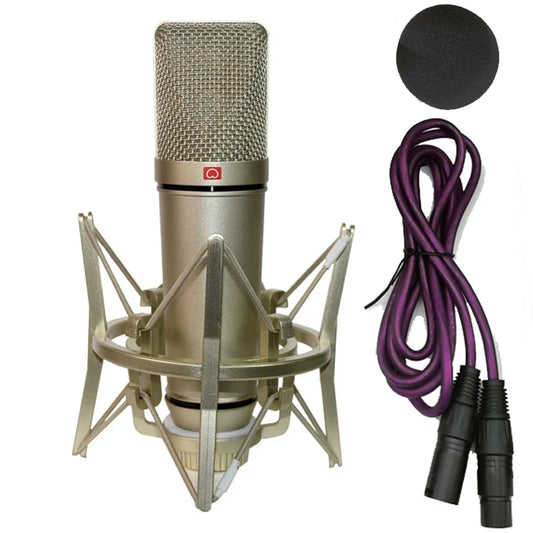 Gold condenser microphone professional with mesh grille and red logo mounted on shock mount stand mikrofon audio for laptop wired karaoke