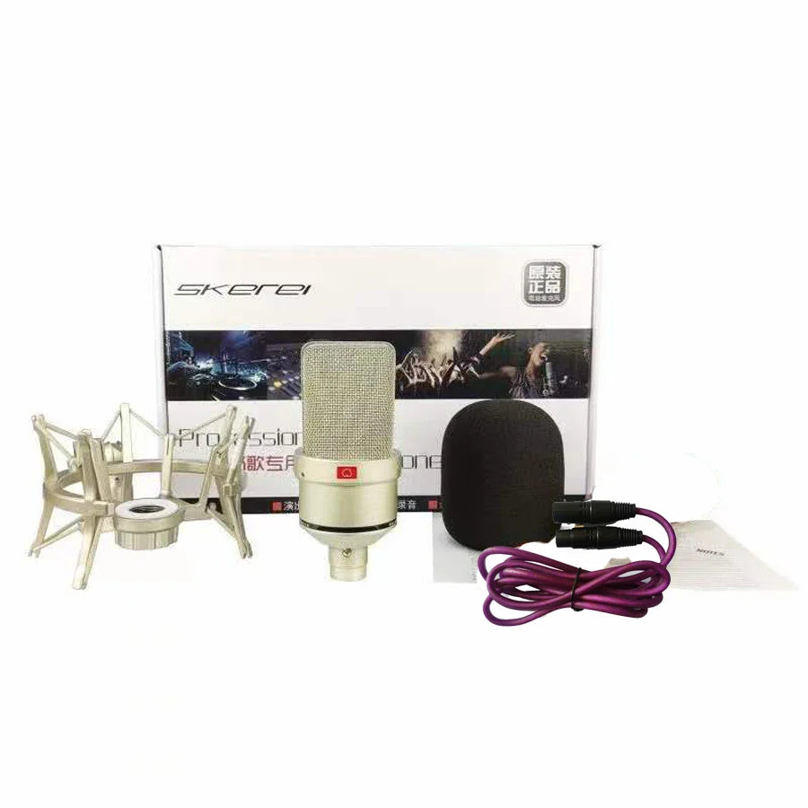 A sleek metallic gold condenser microphone professional with fine mesh grille and red logo for laptop wired karaoke use