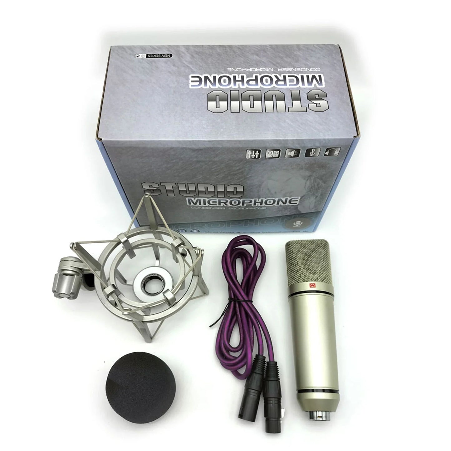 Silver condenser microphone professional with mesh grille black foam windscreen metal shock mount and purple laptop wired karaoke cable