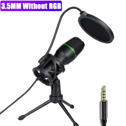 Black condenser microphone usb with green accent ring on tripod stand and pop filter for gaming accessories kit live streaming podcast