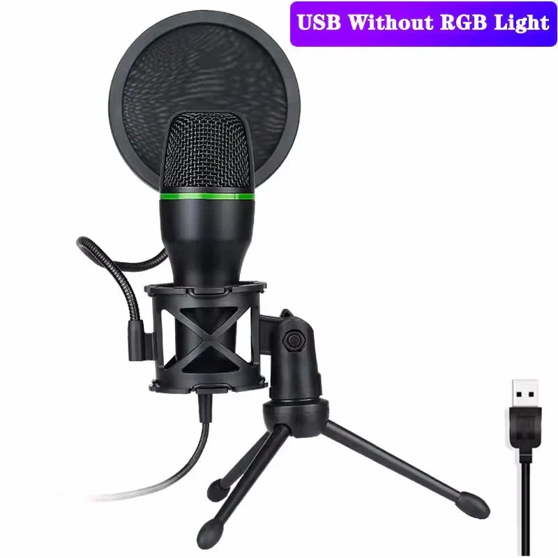 Black usb condenser microphone with green accent ring mounted on tripod stand with pop filter for live streaming podcast gaming accessories kit