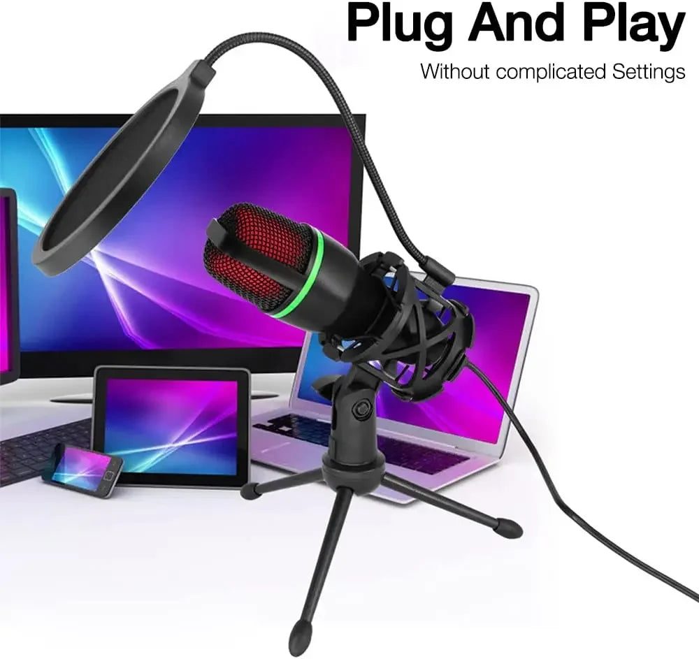 Black condenser microphone usb with red mesh grille green accent on tripod stand with pop filter for live streaming podcast and gaming accessories kit