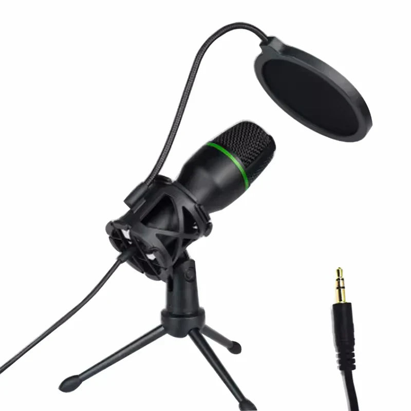 Black condenser microphone usb with green accent ring on tripod stand and pop filter for gaming accessories kit live streaming podcast