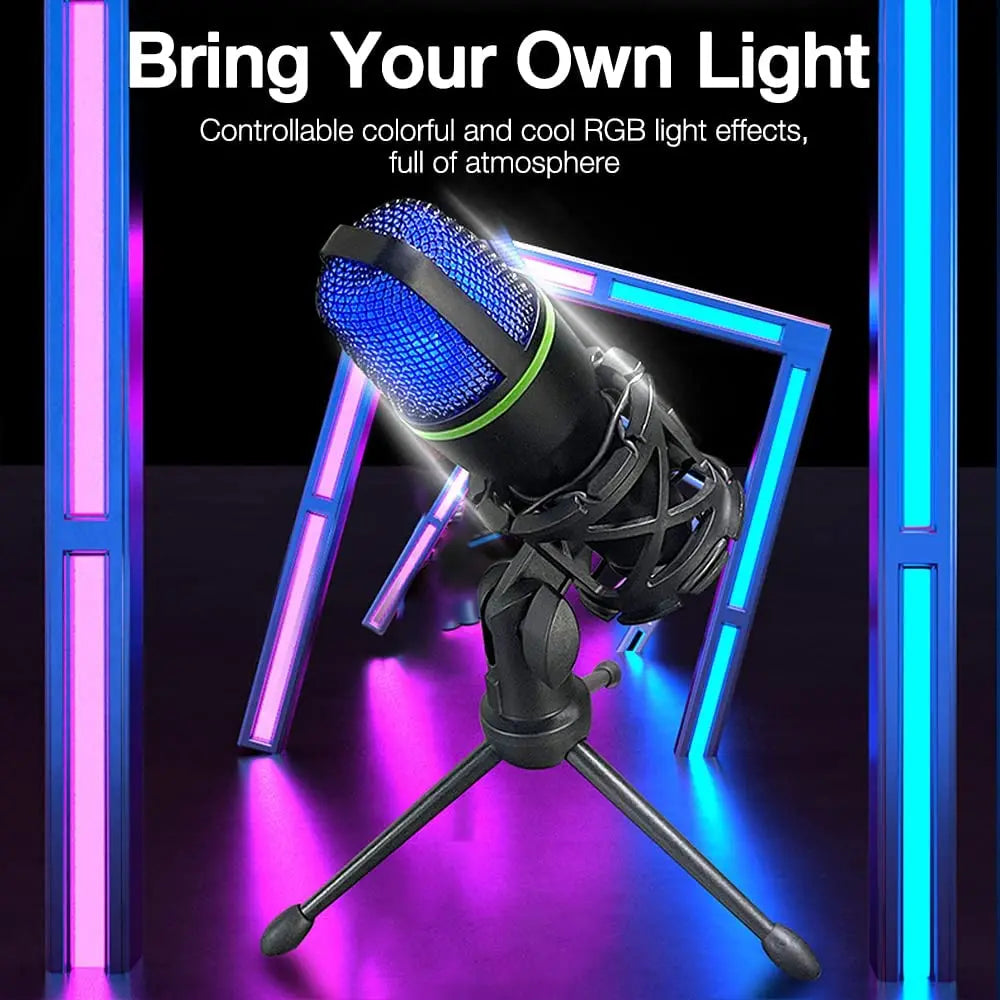 Black and green rgb lighting condenser microphone usb on stand for gaming accessories kit and live streaming podcast use