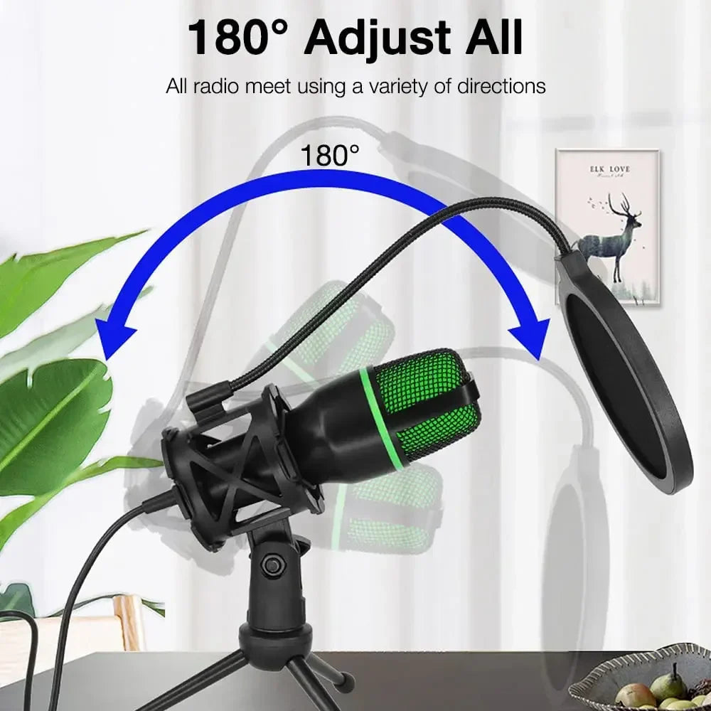 Black and green condenser microphone usb with flexible gooseneck and pop filter for gaming accessories kit live streaming podcast