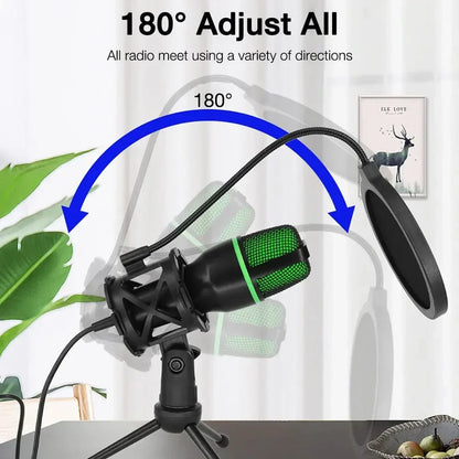 Black and green condenser microphone usb with flexible gooseneck and pop filter for gaming accessories kit live streaming podcast