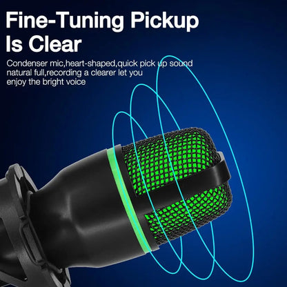 Heart-shaped condenser microphone usb with black body and green mesh grille for gaming accessories kit and live streaming podcast