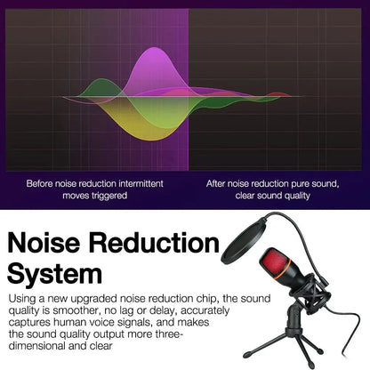 Red and black condenser microphone USB with pop filter mounted on tripod stand for gaming accessories kit and live streaming podcast