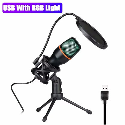 Black condenser microphone usb with rgb lighting and pop filter mounted on tripod stand for gaming accessories kit live streaming podcast
