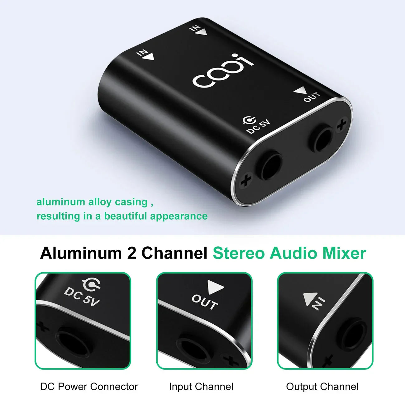 Black aluminum alloy cooidea 2 channel mini stereo audio mixer with labeled input and output ports include audio cable