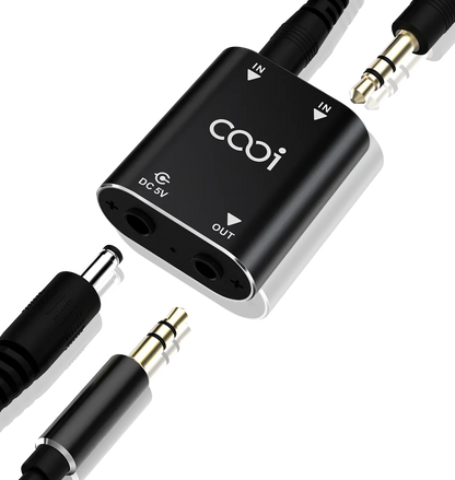 Black cooidea 2 channel mini stereo audio mixer with gold-plated 3.5mm jacks and dc 5v power input port