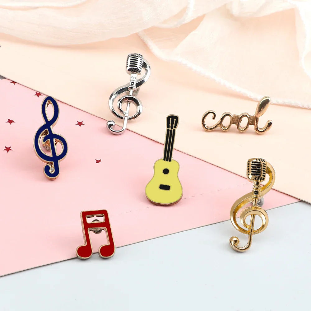 A collection of colorful music note enamel pins featuring fashion guitar microphone and piano notes lapel designs