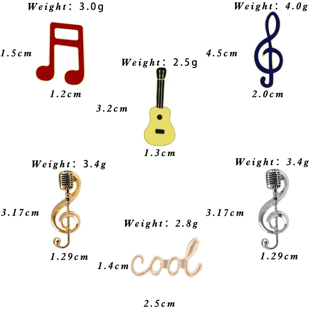 A collection of five metallic music note enamel brooches featuring fashion guitar microphone and piano notes lapel pins