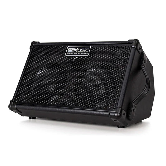Black bp40d wedge-shaped powered acoustic guitar speaker cabinet with perforated grille and microphone rechargeable 80w