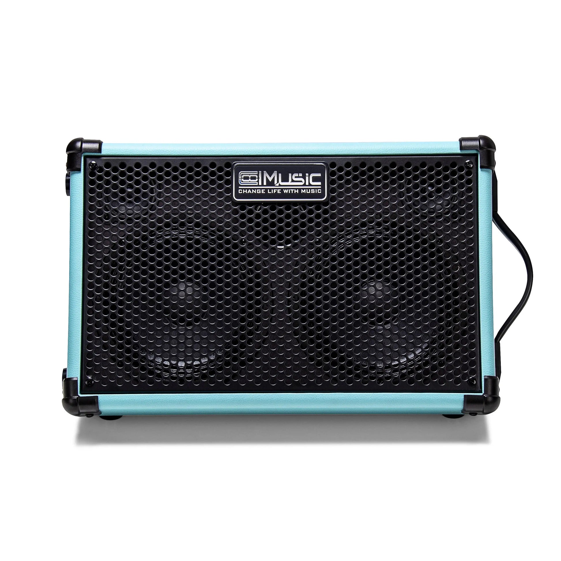 A compact light blue and black bp40d powered acoustic guitar amplifier with perforated grille and microphone rechargeable 80w